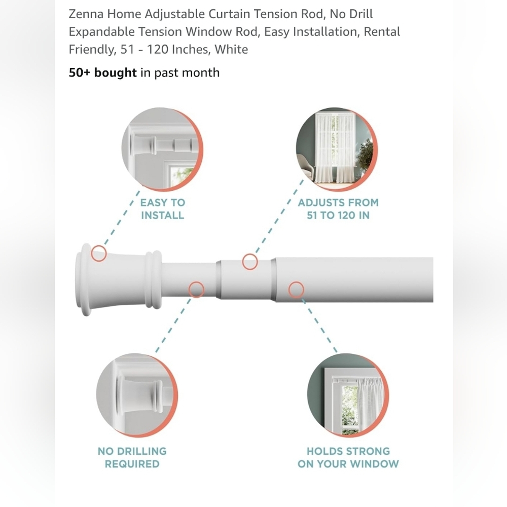 Adjustable White Curtain Tension Rod